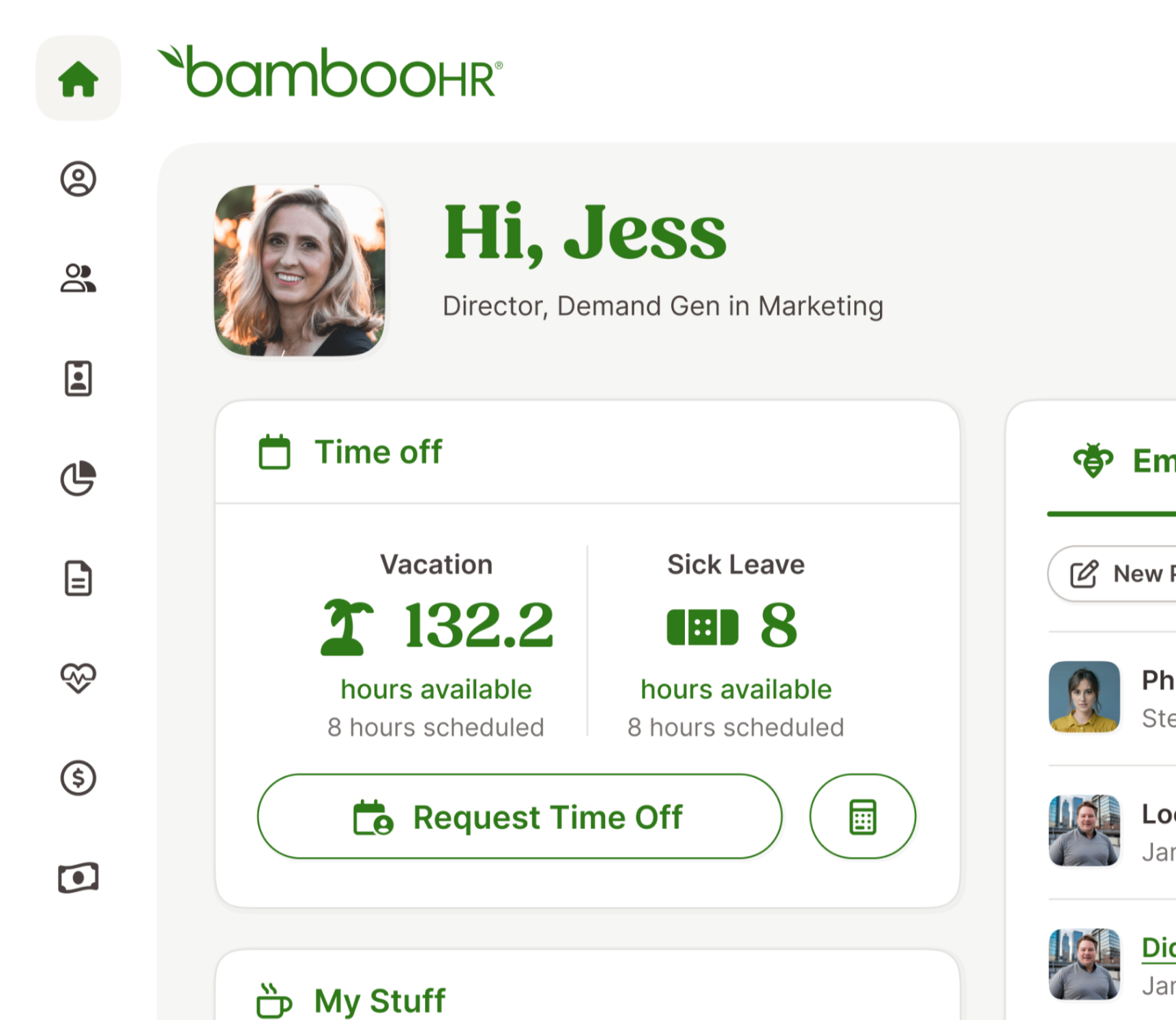 Screenshot of the home page of BambooHR, showcasing the updated visual design